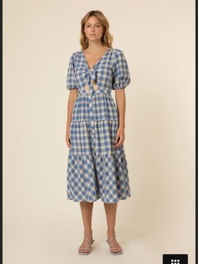 FRNCH Victoire Blue and Cream Gingham Midi Dress Women’s Medium